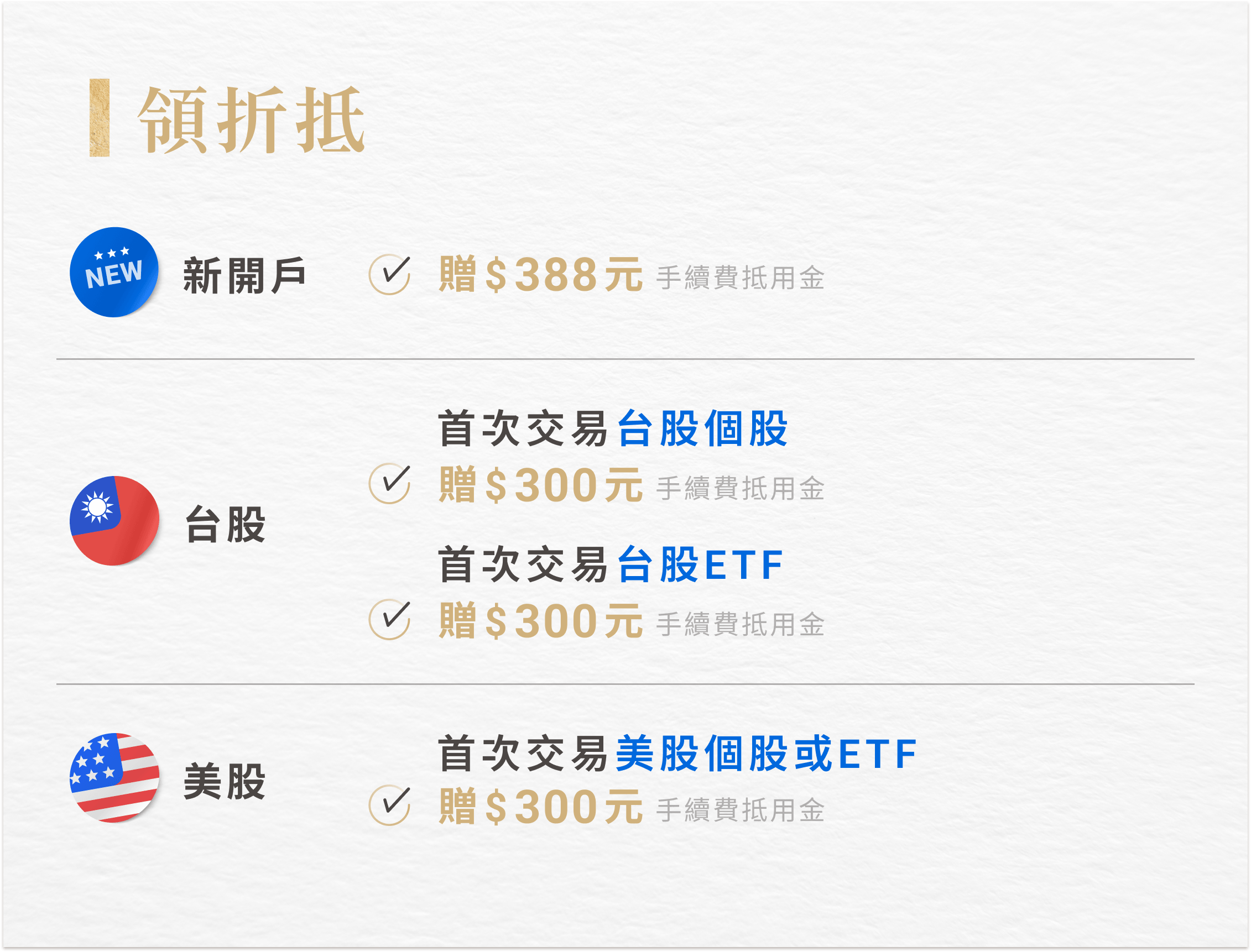 開戶、新開戶、台股首次交易台股個股或台股ETF、美股首次交易美股個股或ETF