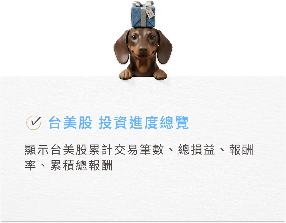 台美股 投資進度總覽，顯示台美股累計交易筆數、總損益、報酬率、累積總報酬