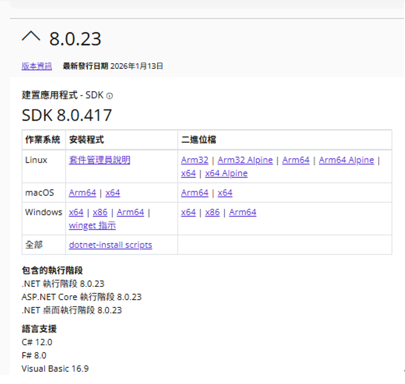 下載 .NET 8.0 頁面